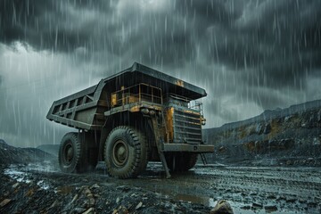 A coal mining truck under heavy rain, illustrating challenging working conditions.