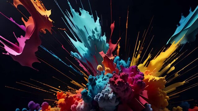 Abstract Multicolored Paint Explosion AI Background 4K features an A.I. generated video of different color paint-like substances exploding and imploding against a black background.