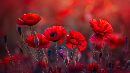 Obraz premium Vibrant red poppies blooming in sunlight, floral nature background for spring and summer concepts - beautiful botanical scene of scarlet wildflowers in full bloom, capturing the essence of nature's be