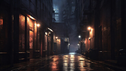 Fototapeta premium Digital painting: An atmospheric, noir-inspired composition, set in a dimly lit city alley, with dramatic shadows and a mysterious ambiance, all rendered in the moody tones of digital painting.