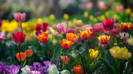 Fototapeta premium Vibrant spring blossoms: colorful flower garden in full bloom during springtime