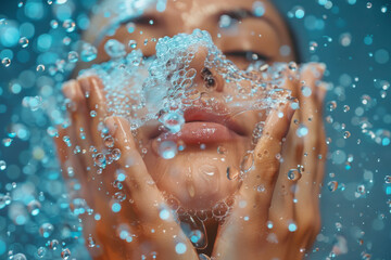 Fototapeta premium Woman splashing her face with water for a skincare 