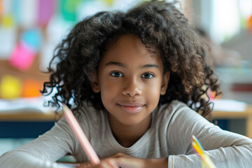 Happy african american black preteen school girl studying in classroom sitting at desk. Smart cute mixed race kid primary school student writing in exercise book doing homework