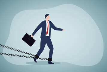 Business difficulty or struggle with career obstacle, limitation and trap or challenge to overcome to success concept, businessman locked by chains trying to run away with full effort.