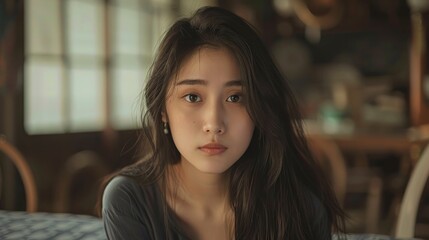 A Photo Of A Young Asian Woman At Home, Background HD For Designer        