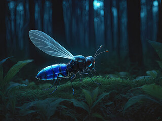 Blue Firefly in the forest in nighttime