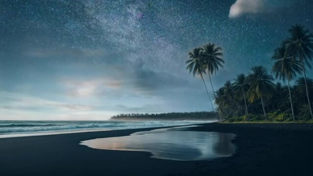 Beautiful fantasy tropical beach landscape with palm tree silhouettes against the night sky
