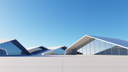 3D render, Surreal Architecture building with glass on concrete white floor with blue sky background.