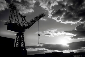 Black and white photo of a silhouette of a crane against the setting sun