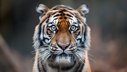 Vibrant Tiger Head in Close-up with Wide Eyes for Wallpaper Design. Concept Wildlife Photography, Animal Close-Up, Intense Gaze, Feline Beauty, Striking Colors