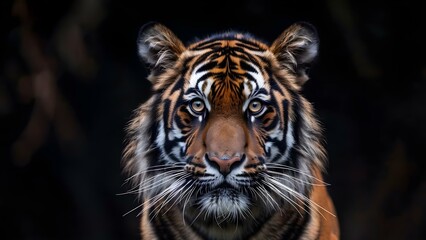 Fototapeta premium Close-up Tiger Head with Vibrant Colors and Wide Eyes: Perfect for Wallpaper. Concept Wildlife Photography, Animal Portraits, Colorful Aesthetics, Close-up Shots, Vibrant Nature
