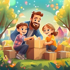 Man and Two Children Sitting on Boxes. Generative AI