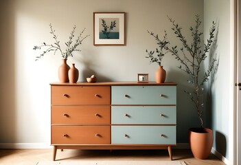  A wooden dresser with drawers , a vase with branches and framed artwork on the wall on the wall