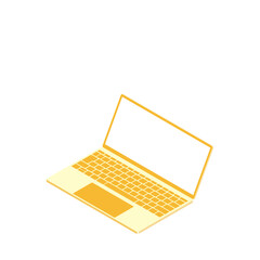 白色画面のノートパソコン（16:9・アイソメ・左向き・自然な傾き・オレンジ・1台）