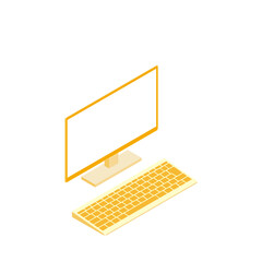 白色画面のキーボード別のモニター（16:9・アイソメ・右向き・オレンジ・1台）