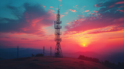 Communication tower during sunset, Silhouettes telecommunication tower on sunset background.