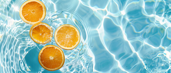 An artistic summer image displaying orange fruit slices in a pool of water. This captivating wallpaper captures the essence of summer and provides space for text. - Powered by Adobe