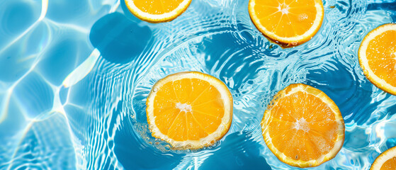 A refreshing summer backdrop showcasing orange fruit slices immersed in a pool of water. This...