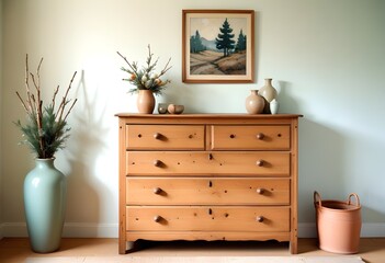  A wooden dresser with drawers , a vase with branches and framed artwork on the wall on the wall