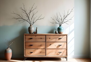  A wooden dresser with drawers , a vase with branches and framed artwork on the wall on the wall