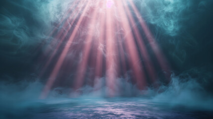 Majestic purple beams of light illuminating a empty dusty stage. Shiny festive background for product presentation or award ceremony. Copy space. Generative AI