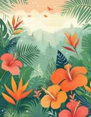 Dense, tropical floral scene with exotic flowers like hibiscus, bird of paradise, and large ferns