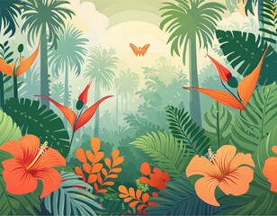 Dense, tropical floral scene with exotic flowers like hibiscus, bird of paradise, and large ferns