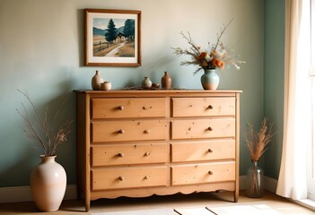  A wooden dresser with drawers , a vase with branches and framed artwork on the wall on the wall
