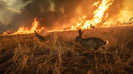 Rabbits running from grass fire with fear