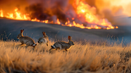 Rabbits running from grass fire with fear