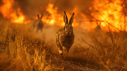 Rabbits running from grass fire with fear