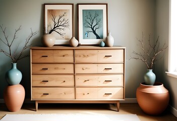 A wooden dresser with drawers , a vase with branches and framed artwork on the wall on the wall
