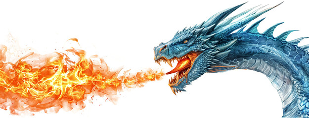 Head of a blue dragon spitting fire isolated on a transparent background © Flowal93