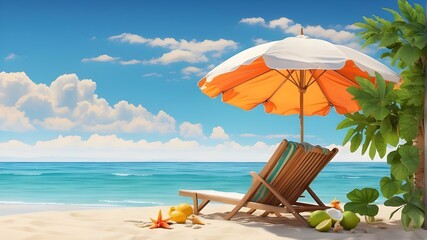 Concept of a tropical beach with coconut fruit and sun umbrella. original simple summertime concept.