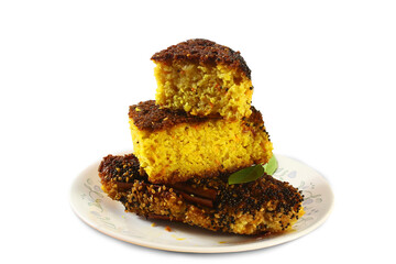 traditional homemade indian gujarati spicy snack cake handvo or handwa,spicy khaman dhokla,cutout in transparent background,png format