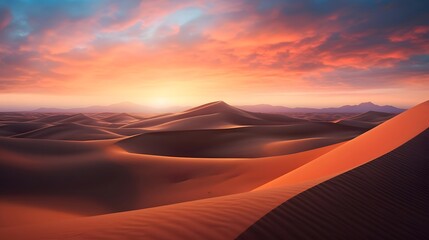 Fototapeta na wymiar Panoramic view of sand dunes in the Sahara desert at sunset