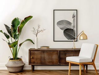Mockup photo frame on the wooden cabinet with beautiful plants