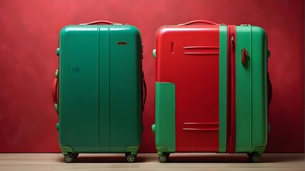 red and green split background suitcases for trip
