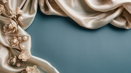 Elegant satin fabric draped with pearl and floral embellished branch on a blue background. Empty copy space for design. Generative AI
