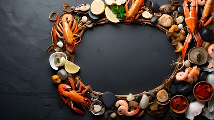 Blank Copy-Space in the center of the image, with a seafood frame on a background of black stone