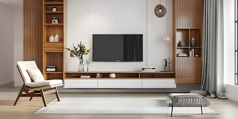 Mockup a TV wall mounted with decoration in living room and white wall.ai generative