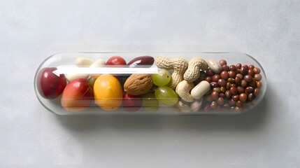 pill capsule with fruits, seeds and vegetables. Nutrition supplemet and health eating concept.