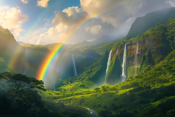 majestic waterfall crashes down into a pool of mist, with a vibrant rainbow arcing across the spray in the sky.