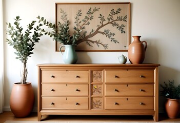 A wooden dresser with drawers , a vase with branches and framed artwork on the wall on the wall