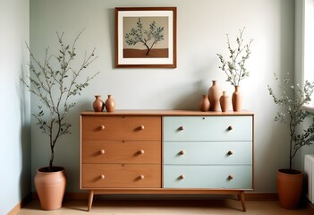  A wooden dresser with drawers , a vase with branches and framed artwork on the wall on the wall