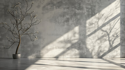 Serene indoor setting with a potted plant casting long shadows in sunlight. Empty copy space for design. Generative AI