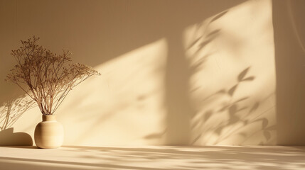 Minimalist Scandinavian interior with vase and delicate floral arrangement casting soft shadows on simple beige wall background. Empty copy space for design. Generative AI