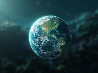 Futuristic 3D render of Earth with decreasing carbon budget, dynamic data overlays, immersive experience