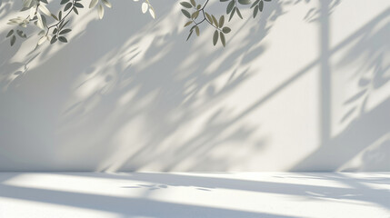 Serene white room with shadows of olive branches. Empty copy space. Natural lighting and shadows. Generative AI