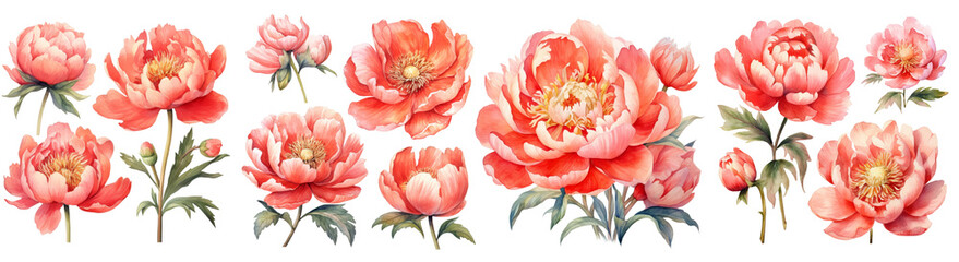 Set of peonies flower yellow orange color Watercolor, spring collection of hand drawn flowers , Botanical plant illustration , elegant watercolor ,transparent background, PNG.	
